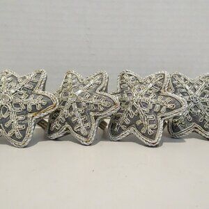 Set of 4 Beaded Silver Metallic Snowflake Napkin Rings Vintage Shiny